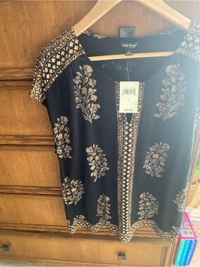 Lucky Brand Black Floral-Print V-Neck Tunic with Metallic Accents